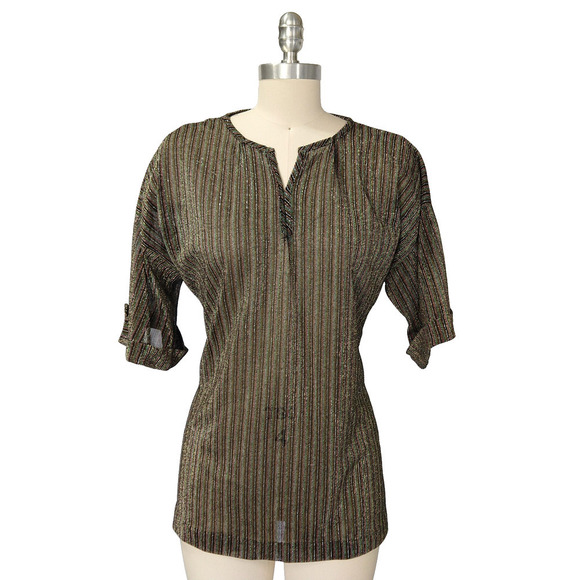 Vintage 70s Metallic Top Size M Black Stripe Disco Short Sleeve With It Shimmer - Picture 1 of 9